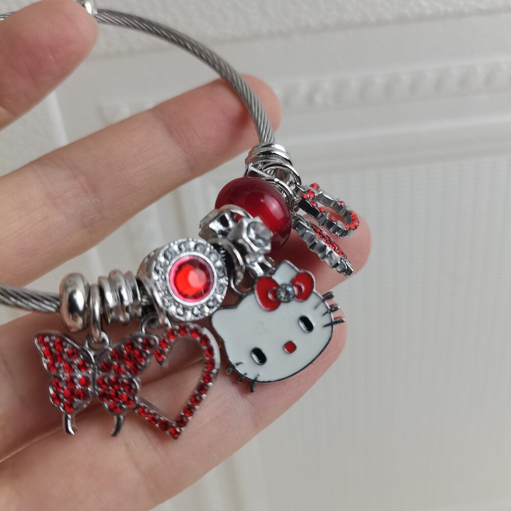 Silver & Red Hello Kitty Charm Pendant Tone Bangle Bracelet - Picture 4 of 5